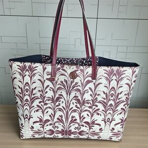 Tory Burch Kerrington Tote Cream Burgundy Coated Canvas Shoulder Bag
